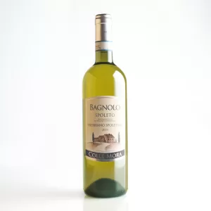 Bouteille Bagnolo 2023, vin blanc sec, appellation Trebbiano Spoletino DOC, cépage 100% Trebbiano Spoletino, cépage autochtone de Montefalco, producteur Colle Mora, région Ombrie, pays Italie.