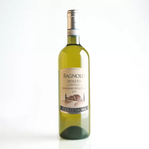 Bouteille Bagnolo 2023, vin blanc sec, appellation Trebbiano Spoletino DOC, cépage 100% Trebbiano Spoletino, cépage autochtone de Montefalco, producteur Colle Mora, région Ombrie, pays Italie.