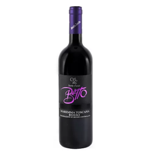 Bouteille Betto 2021, vin rouge sec, appellation Maremma Toscana Rosso DOC, Super Tuscan d’exception, assemblage Merlot, Cabernet Sauvignon et Petit Verdot, élevage 12 à 14 mois en barriques de chêne français, producteur Santa Lucia, région Toscane, pays Italie.