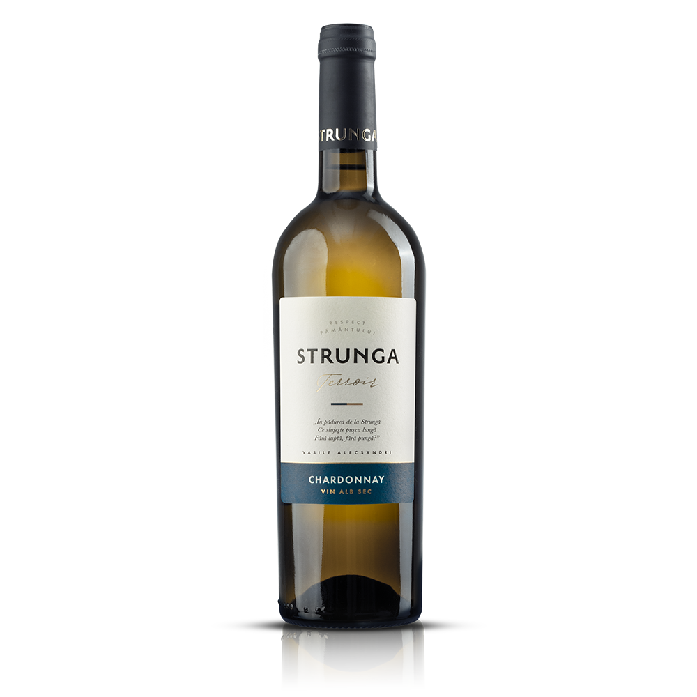 Bouteille de vin blanc, Chardonnay Strunga Terroir, cépage Chardonnay, 2024, vin blanc sec, producteur Strunga Winery, pays: Roumanie.