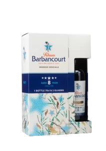 Coffret composé d’une bouteille de rhum Barbancourt 8 Ans et de deux verres. Rhum agricole. Producteur : Barbancourt, Pays : Haiti.