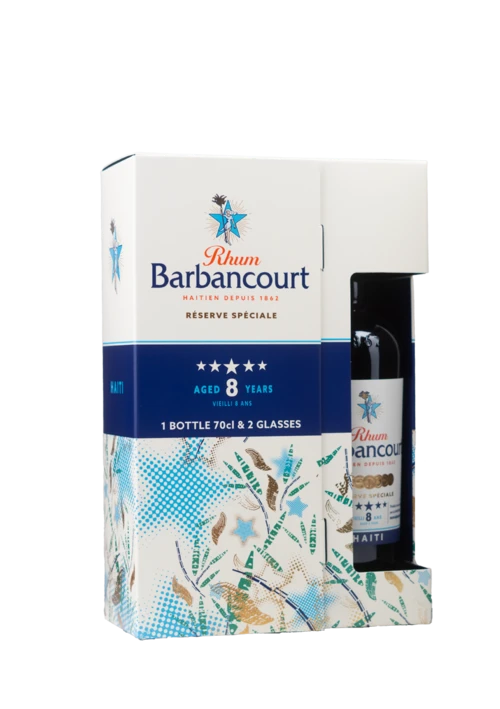 Coffret composé d’une bouteille de rhum Barbancourt 8 Ans et de deux verres. Rhum agricole. Producteur : Barbancourt, Pays : Haiti.