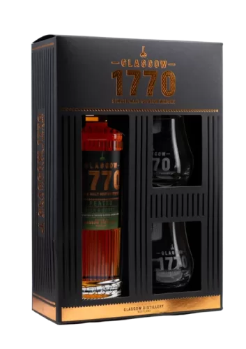 Coffret cadeaux avec une bouteille de Glasgow 1770 Peated, single malt whisky écossais et 2 verres. Producteur Glasgow distilery , écose.