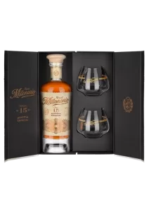 Coffret composé d’une bouteille de rhum Millonario N°15 et de deux verres. Rhum produit en utilisant la méthode Solera. Producteur : Ron Millonario, Pays : Pérou.