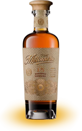 Bouteille de rhum Millonario N°15 Reserva Especial. Rhum produit en utilisant la méthode Solera. Producteur : Ron Millonario, Pays : Pérou.