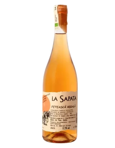 Bouteille de vin orange, bio, 2023, cépage Feteasca Regala, cépage indigene de roumanie, produit par La Sapata en Roumanie.
